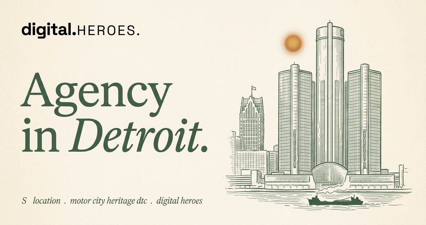 Editorial Detroit scene with the Renaissance Center and Penobscot Building over the Detroit River