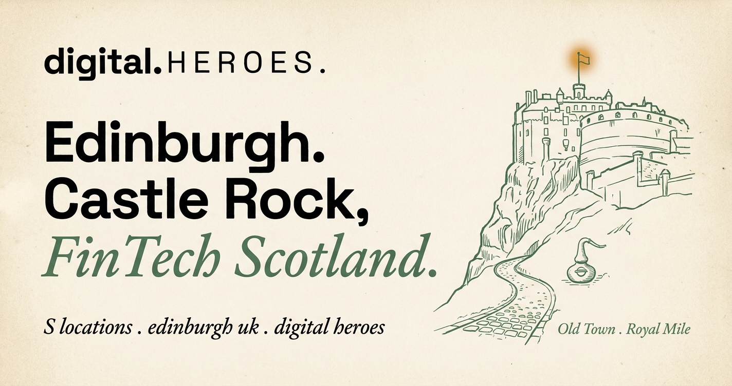 Editorial illustration of Edinburgh Castle on Castle Rock with Royal Mile cobblestones and a small whisky still curl, in moss-green hairline ink