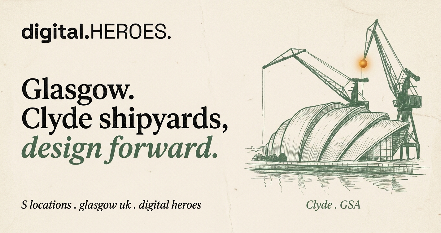 Editorial illustration of Glasgow's SEC Armadillo curved aluminium ribbon-shells with River Clyde shipyard cranes behind, in moss-green hairline ink