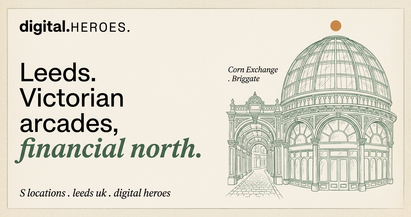 Editorial illustration of Leeds Corn Exchange Victorian curved-glass dome rotunda with arcade arch beside it, in moss-green hairline ink