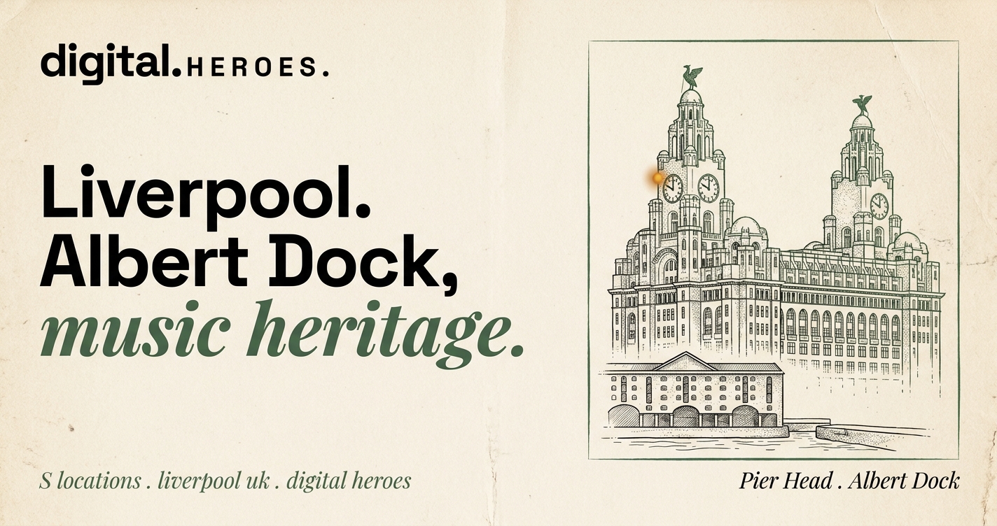 Editorial illustration of Liverpool Royal Liver Building twin clock-tower facade with Liver Bird silhouettes on top, dock warehouse beside it, in moss-green hairline ink