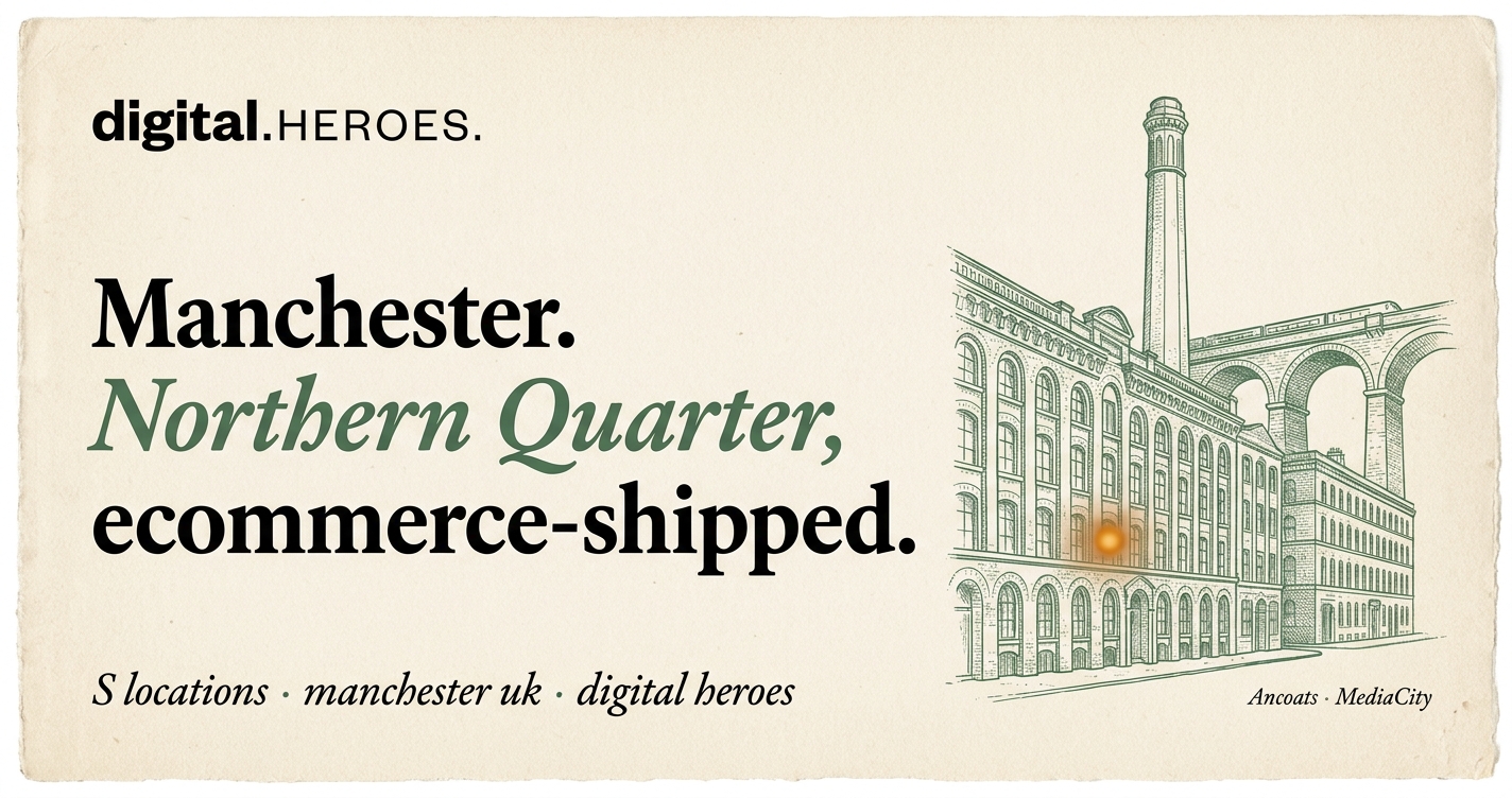 Editorial illustration of Manchester's Northern Quarter Victorian brick warehouse facade with textile-mill chimney and railway viaduct, in moss-green hairline ink