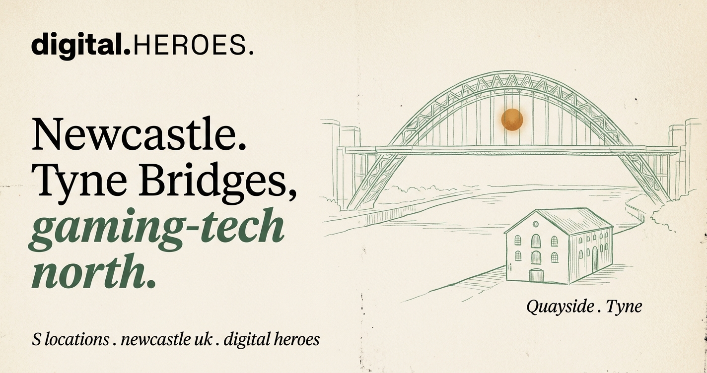 Editorial illustration of Newcastle Tyne Bridge green-arch silhouette spanning the river with Quayside warehouse below, in moss-green hairline ink
