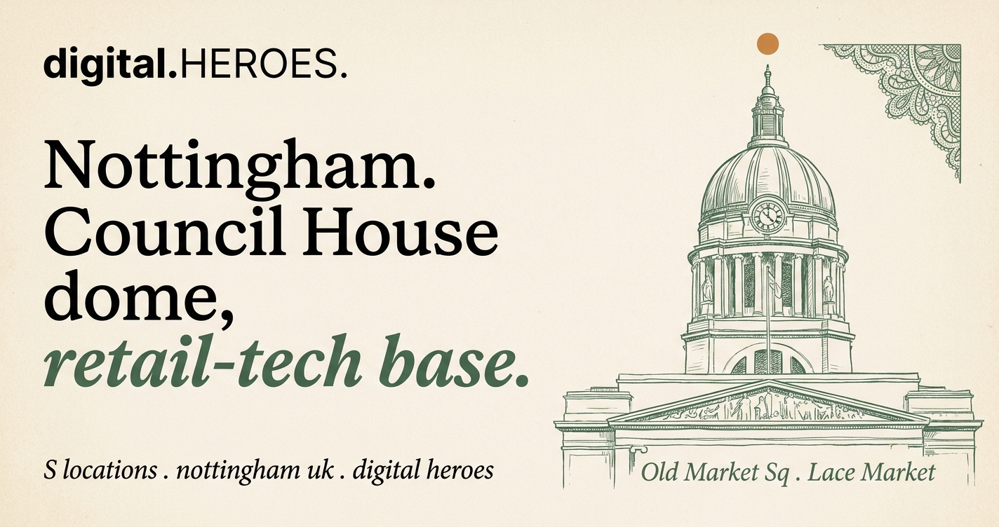 Editorial illustration of Nottingham Council House neoclassical dome and pediment overlooking Old Market Square with lace-pattern flourish, in moss-green hairline ink