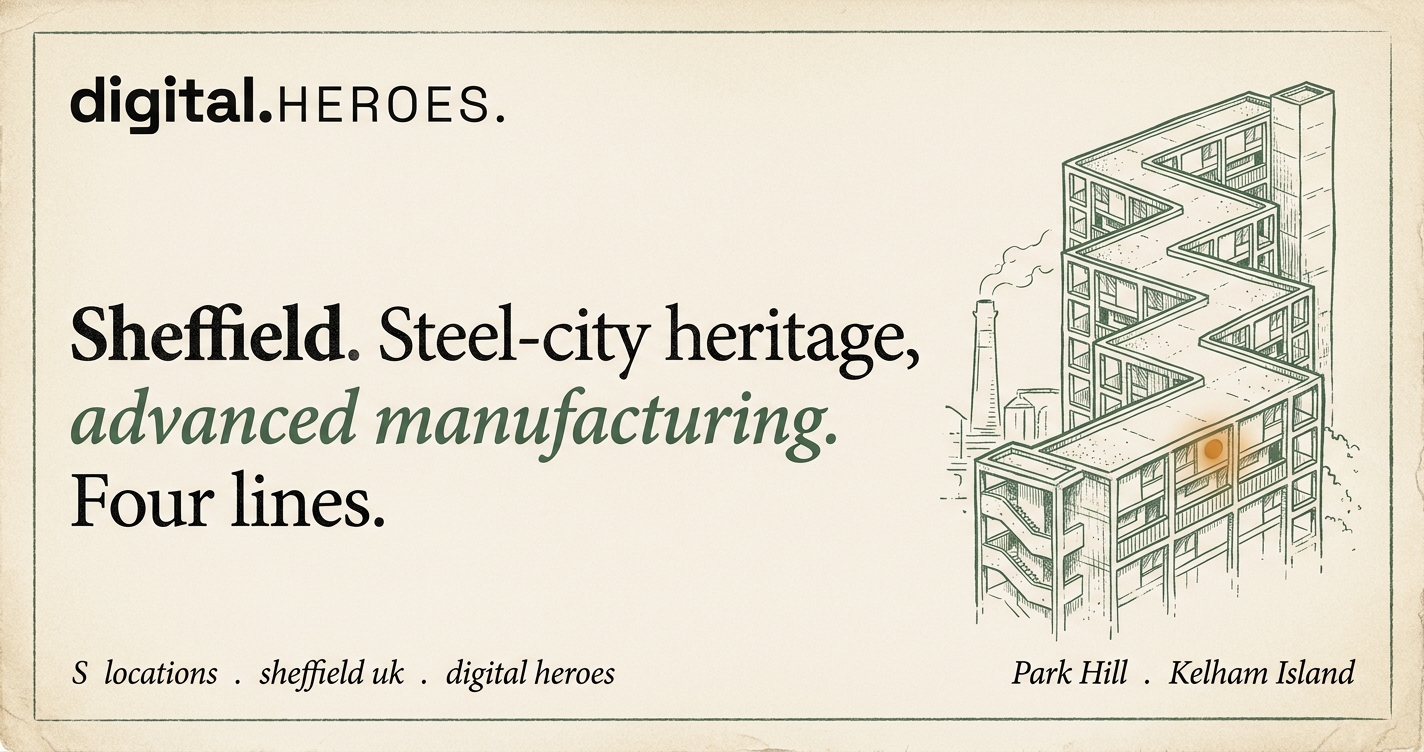 Editorial illustration of Sheffield Park Hill Brutalist housing's zigzag stair-stepped silhouette with steel-mill chimney behind, in moss-green hairline ink