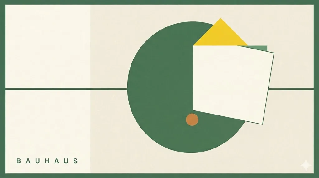 Editorial Bauhaus composition with moss-green circle, cream square overlap, and yellow triangle accent — brand-adapted hero for the Bauhaus web design style guide.