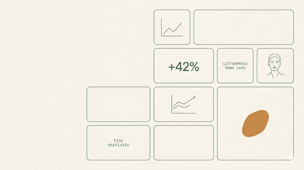 Apple-keynote bento grid with 8 editorial cards of varying sizes and a single amber feature card — hero for the bento grid layout style guide.
