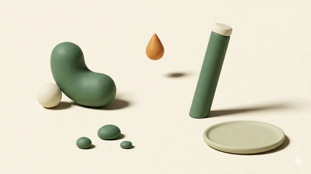 Five soft pastel 3D clay-rendered objects on cream substrate: moss-green bean form, cream sphere, amber teardrop, leaning column with cream cap, moss pebble cluster, and flat platter disc.
