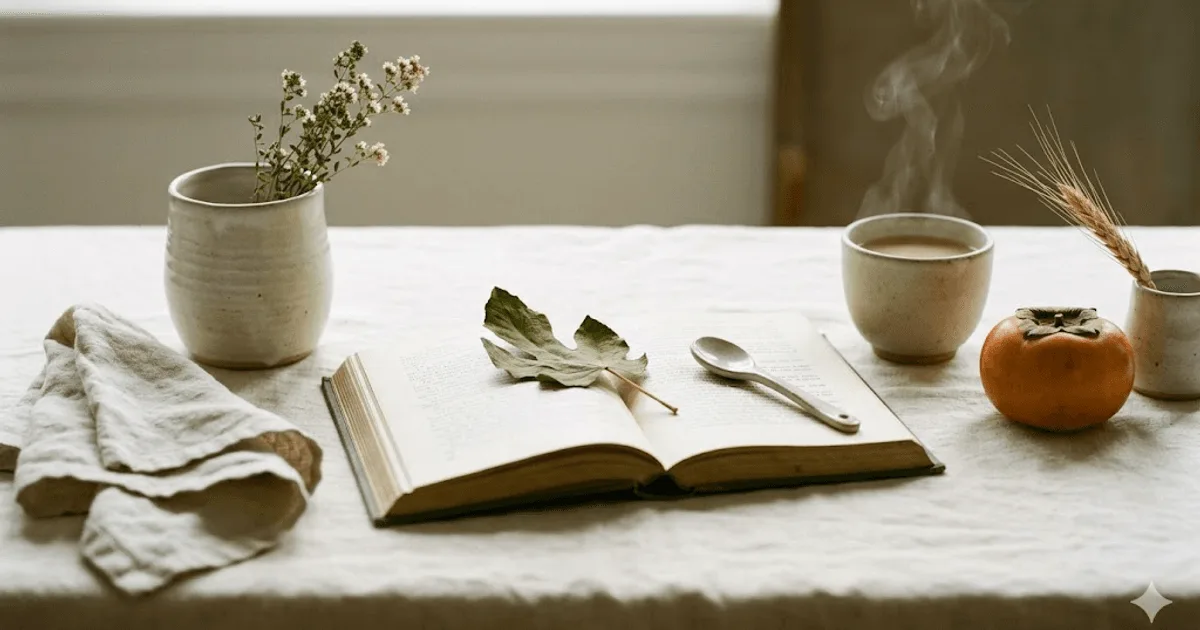 Kinfolk-magazine still-life on cream linen: ceramic vessel with dried herbs, folded linen, open vintage book with fig leaf, teacup with steam, amber persimmon, wheat-stalk vessel.