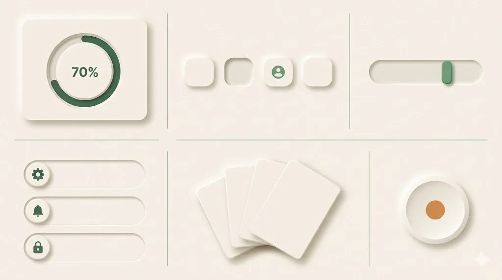 Complete neumorphic UI panel showing progress dial, button row, slider, settings list, card stack, and amber-dot play knob extruded from cream substrate.