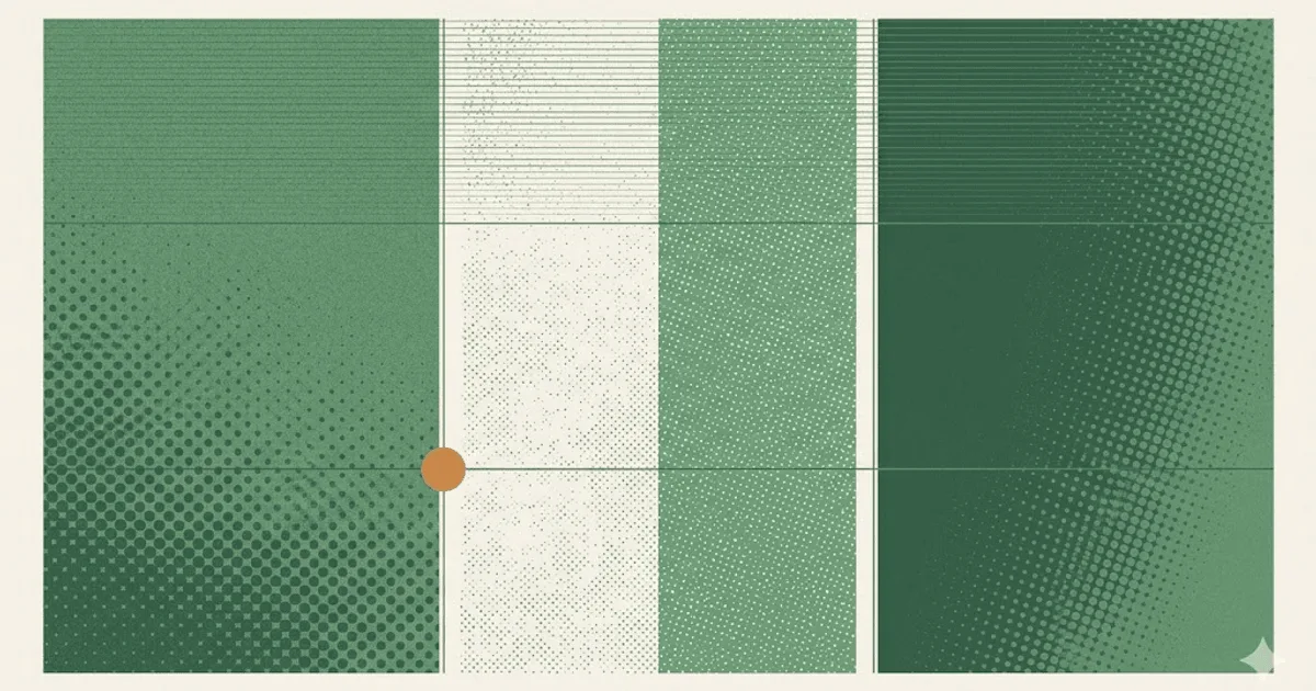 Three side-by-side color blocks each carrying a different grain texture — film grain, Risograph stipple, letterpress halftone — with amber accent and moss hairline rules.
