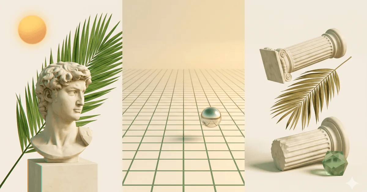 Brand-adapted vaporwave across three zones: Greek classical marble bust on cream pedestal with palm frond and warm amber sun-orb, moss-green perspective grid floor receding with reflective chrome sphere, Roman fluted columns plus dried palm leaf plus emerald crystal — vaporwave vocabulary translated entirely to the brand's cream-moss-amber editorial palette, no neon pink or cyan.