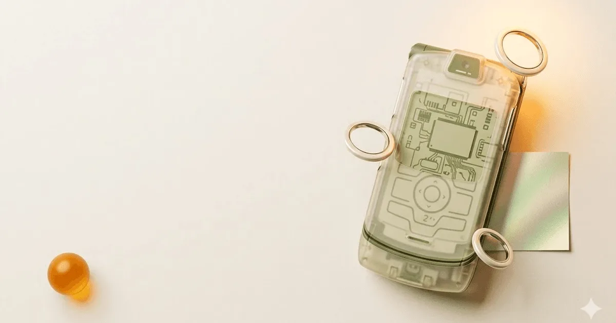 Translucent moss-cream Razr-era plastic device shell with chrome rings catching warm amber light and holographic moss-cream foil swatch — brand-adapted hero for Y2K nostalgia web design.