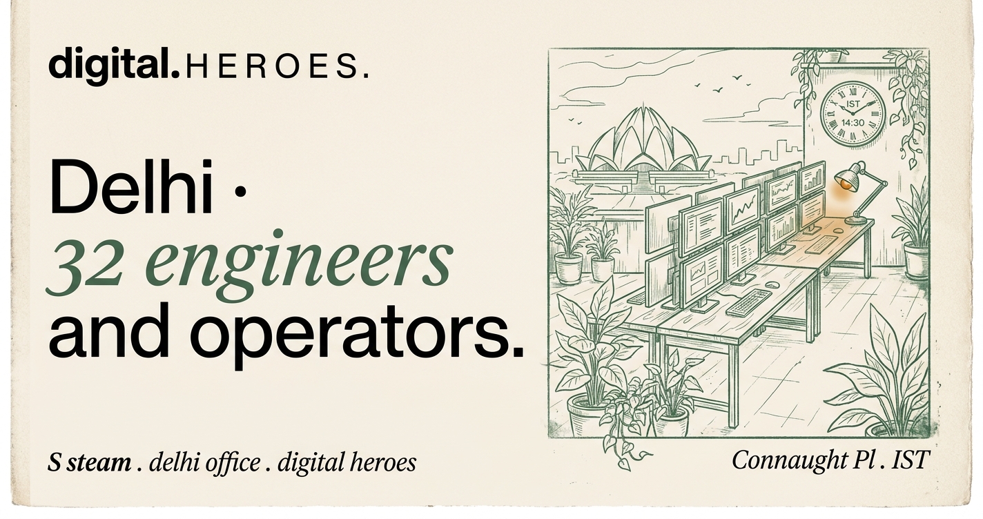 Editorial illustration of the Digital Heroes Delhi office workspace