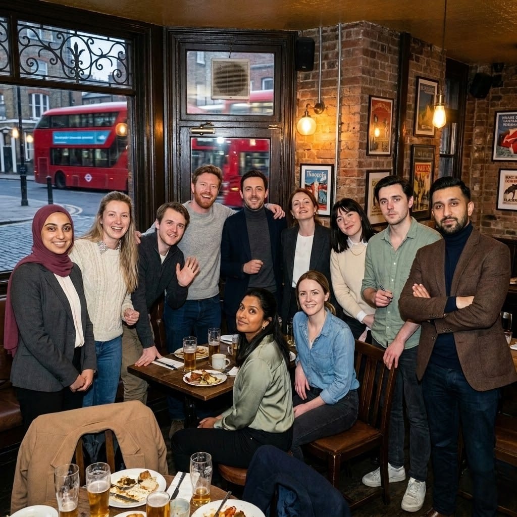 Digital Heroes London team at a Shoreditch pub with a red double-decker bus through the window