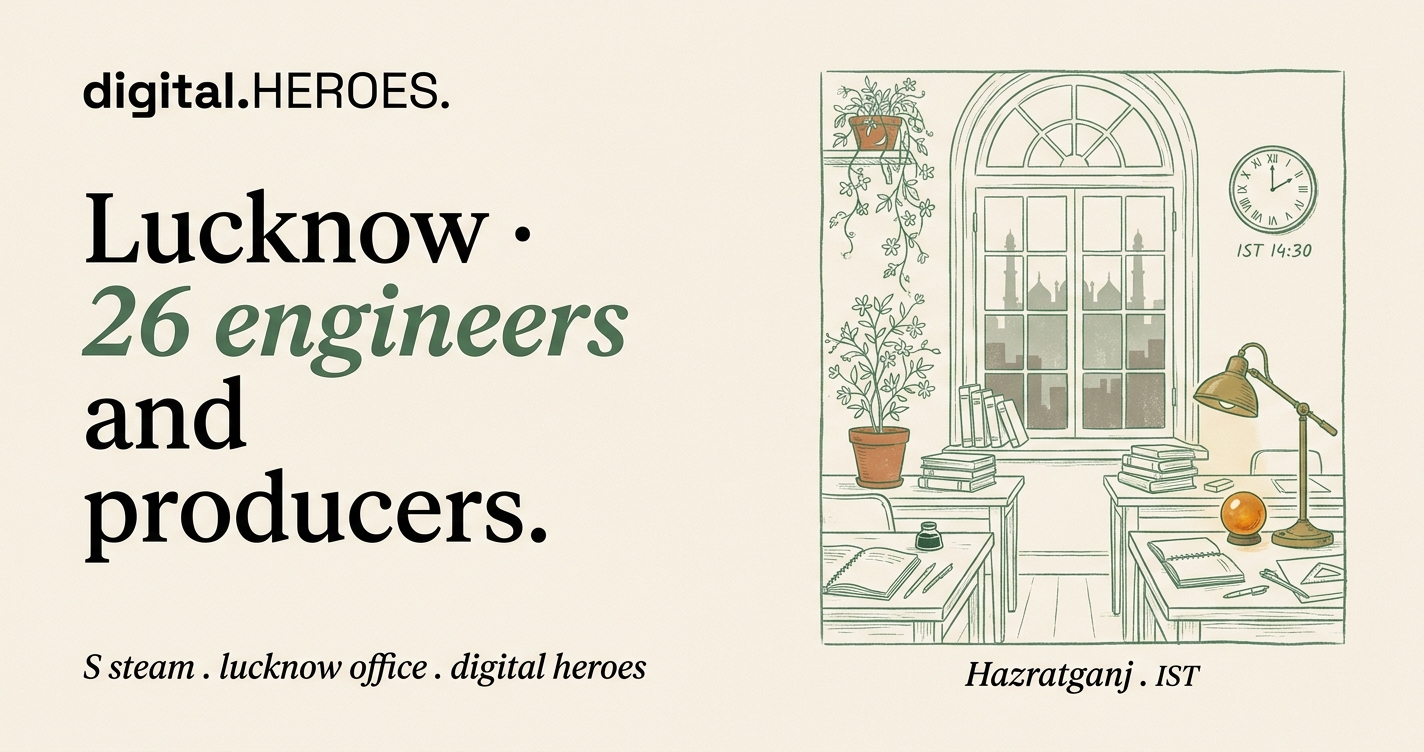 Editorial illustration of the Digital Heroes Lucknow office workspace