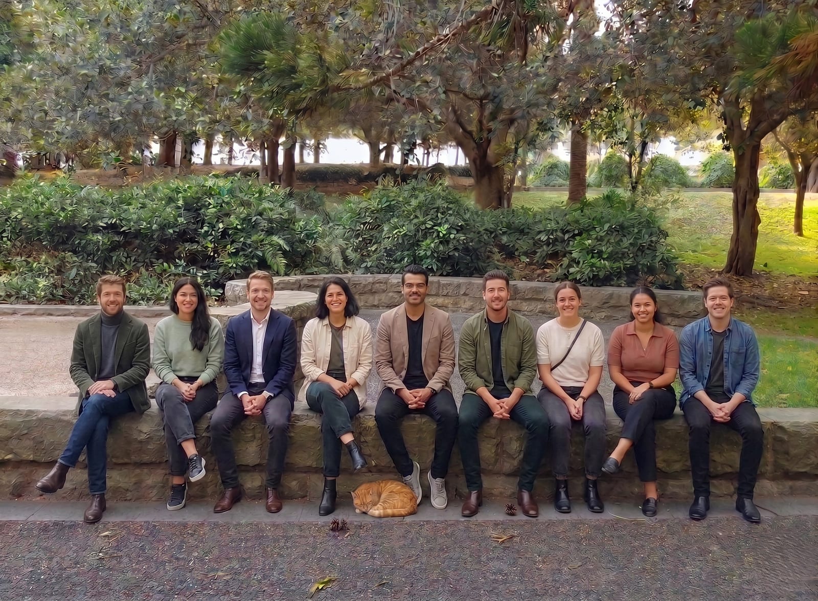 Digital Heroes Sydney team on a stone bench in a Sydney inner-city park